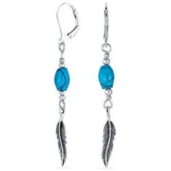 Native American Style Stabilized Turquoise Feather Leaf Leverback Dangle Earrings For Women Teen 925 Sterling Silver