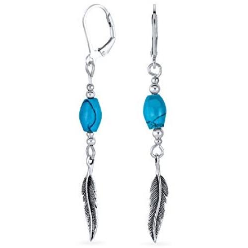 Native American Style Stabilized Turquoise Feather Leaf Leverback Dangle Earrings For Women Teen 925 Sterling Silver