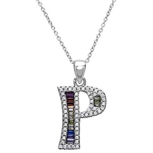 Pori Jewelers Sterling Silver Baguette and Round-Cut Crystal Initial Pendant Necklace