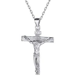 Nofade Silver Men Women Sterling Silver Jesus Christ Crucifix Cross Pendant Necklace with 18 Inches Sterling Silver Chain, Customizable (with Gift Box)