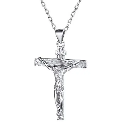Nofade Silver Men Women Sterling Silver Jesus Christ Crucifix Cross Pendant Necklace with 18 Inches Sterling Silver Chain, Customizable (with Gift Box)