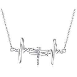 ROMANTIC WORK Heartbeat EKG Necklace for Women Sterling Silver Life Line Dragonfly Cardiogram Pendant Necklace Nurse Jewelry Gift for Girls Lover Wife
