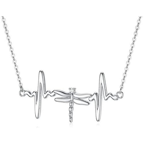 ROMANTIC WORK Heartbeat EKG Necklace for Women Sterling Silver Life Line Dragonfly Cardiogram Pendant Necklace Nurse Jewelry Gift for Girls Lover Wife