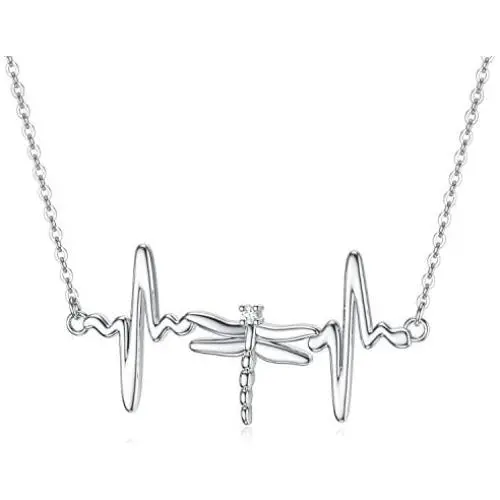 ROMANTIC WORK Heartbeat EKG Necklace for Women Sterling Silver Life Line Dragonfly Cardiogram Pendant Necklace Nurse Jewelry Gift for Girls Lover Wife