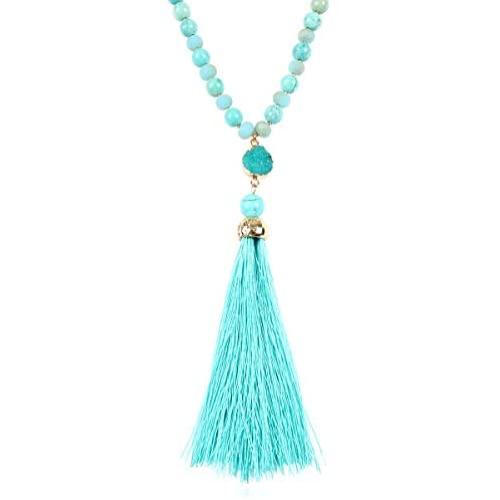 Bohemian Tassel Pendant Beaded Long Statement Necklace - Sparkly Crystal Bead Boho Teardrop, Natural Stone, Silky Thread Fringe