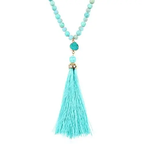Bohemian Tassel Pendant Beaded Long Statement Necklace - Sparkly Crystal Bead Boho Teardrop, Natural Stone, Silky Thread Fringe Bohemian Tassel Pendant Beaded Long Statement Necklace - Sparkly Crystal Bead Boho Teardrop, Natural Stone, Silky Thread Fringe