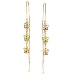 Delicate Three Colorful Pastel Crystal Pink Green Multi Color Dangle Long Chain Butterfly Threader Earrings For Women Teens Stabilizing U Wire 18K Gold Plated
