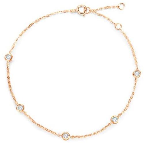 FANCIME 18K Solid Rose Gold Bezel Set Small Tiny Round Brilliant Natural Diamond 0.184 cttw Dainty Bracelet Minimalist Delicate Fine Jewelry for Women Girls, 6.3''+0.58''