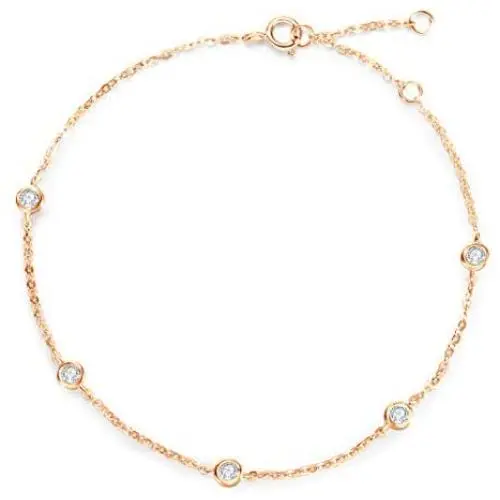 FANCIME 18K Solid Rose Gold Bezel Set Small Tiny Round Brilliant Natural Diamond 0.184 cttw Dainty Bracelet Minimalist Delicate Fine Jewelry for Women Girls, 6.3''+0.58''