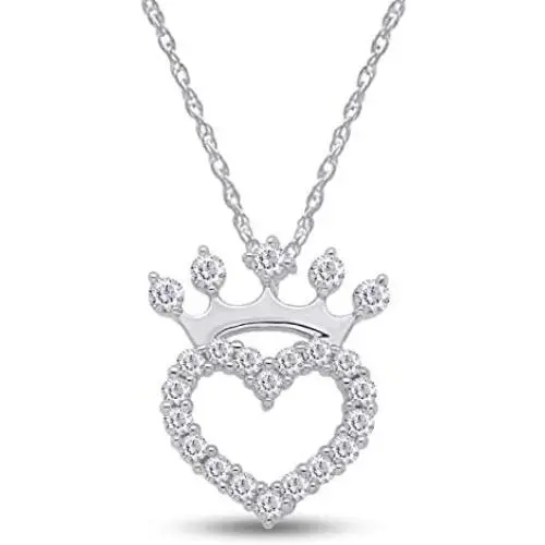 Jewel Zone US Heart Crown Pendant Necklace 14K White Gold Over Sterling Silver