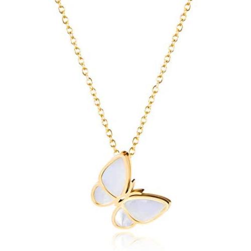 PSEEHEE Fashion Cute Golden Stainless Steel Pearl Oyster Butterfly Pendant Necklace Jewelry for Women Girls