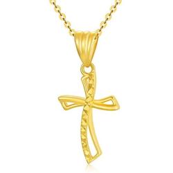 18K Real Yellow Gold Cross Necklace, Gold Diamond Cut Cross Pendant Jewelry Blessed Love Gifts for Her, 18 inch