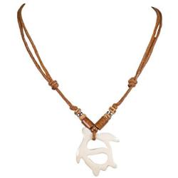 BlueRica Carved Bone Sea Turtle Pendant on Adjustable Cord Necklace with Wood Beads