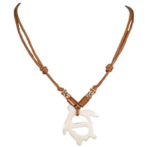 BlueRica Carved Bone Sea Turtle Pendant on Adjustable Cord Necklace with Wood Beads