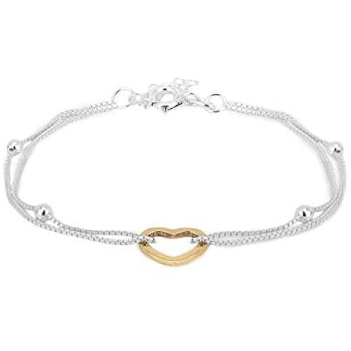 Vanbelle Yellow Gold & Silver Plated Two Tone 925 Sterling Silver Open Heart Charm with Double Layered Beaded Chain Bracelet for Women and Girls