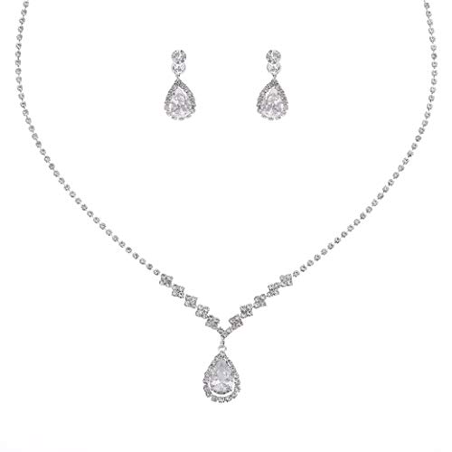 Fairyu Womens Wedding Crystal Teardrop Pendant Necklace Earrings Dangle Set Silver Plated Rhinestone Bridal Necklaces Earrings Drop Bridal Jewelry for Party Prom Pageant