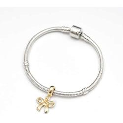 Gold Plated 925 Sterling Silver Charm Lucky Ribbon Bow Charm Bead for All Charm Bracelet Necklace Women Birthday Gift Compatible with Pandora EC567