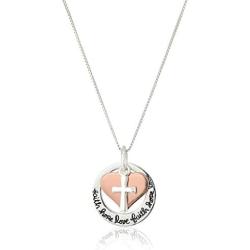 Amazon Collection Two-Tone Sterling Silver and Rose Gold-Flashed ''Faith Hope Love'' Cross Charm Pendant Necklace, 18''