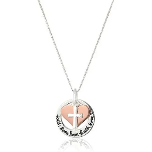 Amazon Collection Two-Tone Sterling Silver and Rose Gold-Flashed ''Faith Hope Love'' Cross Charm Pendant Necklace, 18'' Amazon Collection Two-Tone Sterling Silver and Rose Gold-Flashed ''Faith Hope Love'' Cross Charm Pendant Necklace, 18''