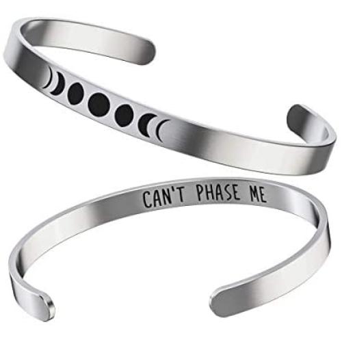 Moon Phases Bracelet - Moon Gifts For Women - Cute Stainless Steel Bangle – Silver Cuff With “Can’t Phase Me” Inspirational Quote