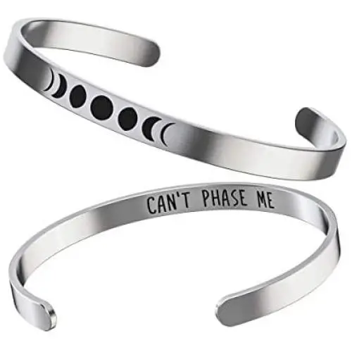 Moon Phases Bracelet - Moon Gifts For Women - Cute Stainless Steel Bangle – Silver Cuff With “Can’t Phase Me” Inspirational Quote Moon Phases Bracelet - Moon Gifts For Women - Cute Stainless Steel Bangle – Silver Cuff With “Can’t Phase Me” Inspirational Quote
