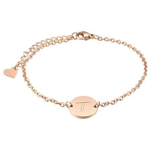 THREE KEYS JEWELRY Rose Gold Initial Bracelet for Girls Gifts Stainless Steel Dainty Coin Name Initial Charm Bracelet Alphabet Letter Pendant Initial Bracelets for Women with Initial