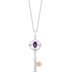 Jewelili Enchanted Disney Fine Jewelry 14K Rose Gold over Sterling Silver with 1/20 CTTW Amethyst Rose-de-France Rapunzel Key Pendant