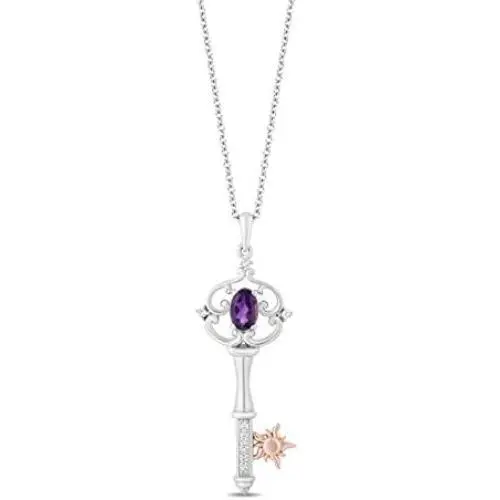 Jewelili Enchanted Disney Fine Jewelry 14K Rose Gold over Sterling Silver with 1/20 CTTW Amethyst Rose-de-France Rapunzel Key Pendant Jewelili Enchanted Disney Fine Jewelry 14K Rose Gold over Sterling Silver with 1/20 CTTW Amethyst Rose-de-France Rapunzel Key Pendant