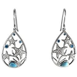 Sterling Silver Natural Larimar ''Hawaiian Stars'' Starfish Raindrop Pave Dangle Earrings