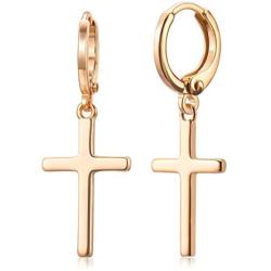 Small Hoop Earrings 14k Gold Plated Huggie Hoop Earrings with Dainty Dangling Cross for women Hypoallergenic Jewelry Gift