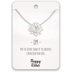 Happy Kisses Yoga Lotus Flower Necklace with OM Symbol – Cute Lotus Pendant Charm – with Empowering Message Card -Silver Plated