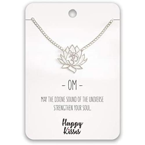 Happy Kisses Yoga Lotus Flower Necklace with OM Symbol – Cute Lotus Pendant Charm – with Empowering Message Card -Silver Plated