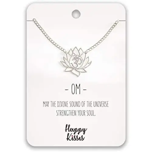 Happy Kisses Yoga Lotus Flower Necklace with OM Symbol – Cute Lotus Pendant Charm – with Empowering Message Card -Silver Plated Happy Kisses Yoga Lotus Flower Necklace with OM Symbol – Cute Lotus Pendant Charm – with Empowering Message Card -Silver Plated