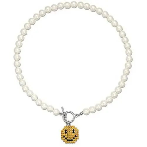 Pearl Pendant Necklace for Women,Y2k Fashion Pearls Strand for Egirl Eboy,Dainty Cute Smiley Toggle Necklace Jewelry for Women Girls