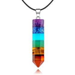 ASTRYAS 7 Chakra Stones Necklace Gemstone Pendant Reiki Energy Yoga Balanced Crystal Divination Pendulum for Women Girls - Cone Hexagonal with 18''Stainless Steel Chain Strap Gift Box
