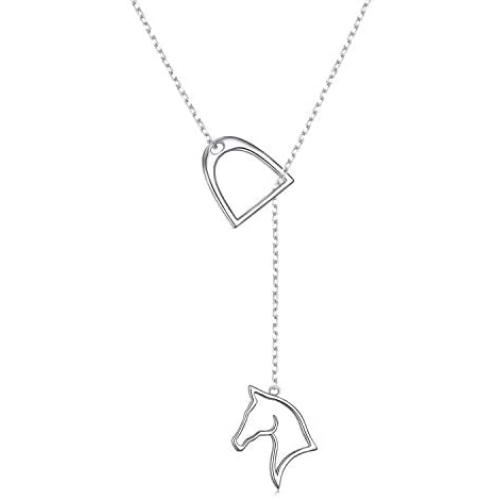 JZMSJF 925 Sterling Silver Lucky Horse Stirrup Y Chain Lariat Necklace Horse Gift Jewelry for Women Girls