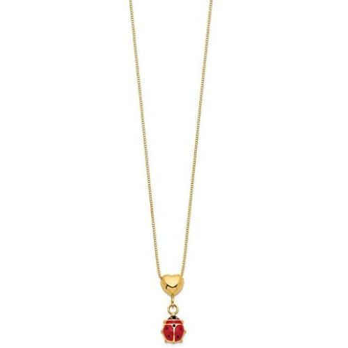 Solid 14k Yellow Gold 15.5in Enameled Ladybug and Heart Necklace Chain