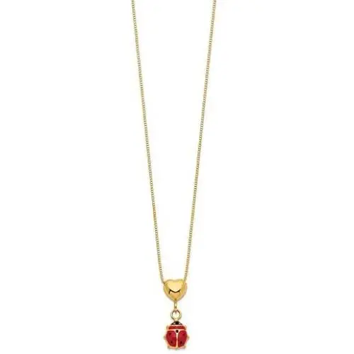 Solid 14k Yellow Gold 15.5in Enameled Ladybug and Heart Necklace Chain Solid 14k Yellow Gold 15.5in Enameled Ladybug and Heart Necklace Chain