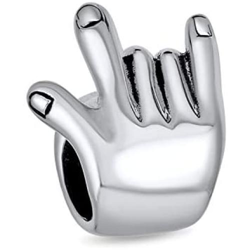 Personalized Initial BFF Hand Sign Symbol I Love You Sign Language Charm Bead For Women Teen Oxidized .925 Sterling Silver Fits European Bracelet
