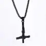 U7 Black Upside Down Crucifix Cross Pendant Black Stainless Steel Satanic Jewelry Inverted Cross Necklace, 3mm Twisted Metal Chain 24''