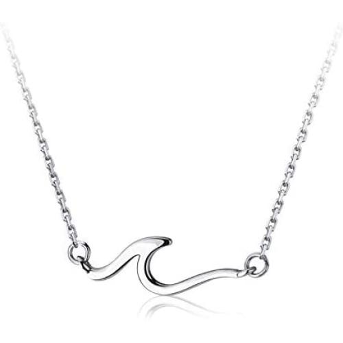 Ocean Wave Necklace for Women Teen Girls Kids 925 Sterling Silver 18K White Gold Plated Minimalist Line Pendant Choker Necklace Adjustable Chain 18'' Sea Beach Summer Jewelry Gift for Surfer Lover