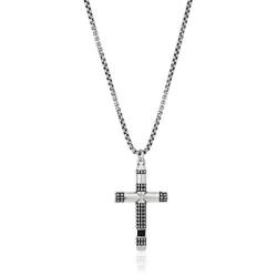 Steve Madden Stainless Steel 26 Inch Textured Design Squared Rolo Chain Cross Pendant Necklace for Men