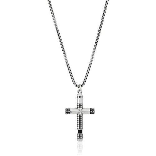 Steve Madden Stainless Steel 26 Inch Textured Design Squared Rolo Chain Cross Pendant Necklace for Men