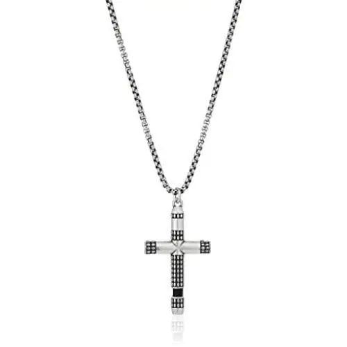 Steve Madden Stainless Steel 26 Inch Textured Design Squared Rolo Chain Cross Pendant Necklace for Men Steve Madden Stainless Steel 26 Inch Textured Design Squared Rolo Chain Cross Pendant Necklace for Men