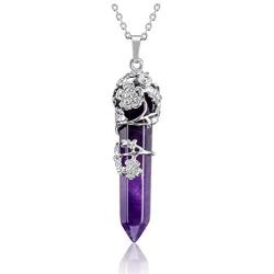 CrystalTears Silver Flower Wrapped Natural Crystal Stone Necklace Hexagonal Crystal Point Gemstone Pendant Necklace Jewelry for Women Girls