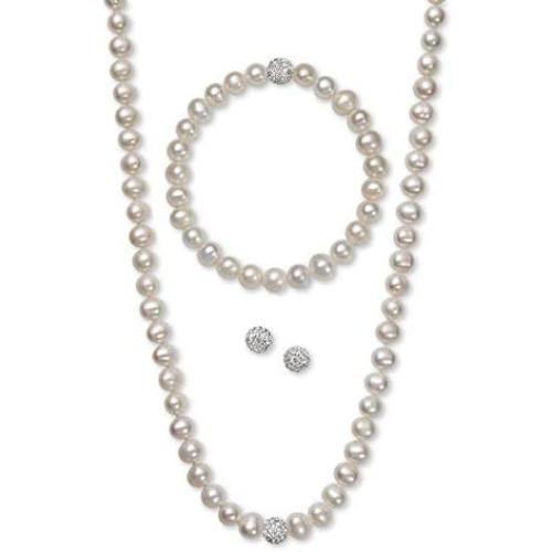 Regalia by Ulti Ramos Cultured Freshwater Pearl (7mm) & Crystal Sterling Silver .925 Jewelry Set (White)