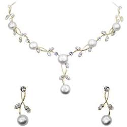 Faship Gorgeous CZ Crystal Freshwater Pearls Floral Necklace Earrings Set