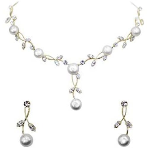 Faship Gorgeous CZ Crystal Freshwater Pearls Floral Necklace Earrings Set