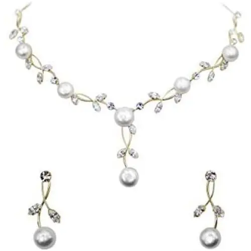 Faship Gorgeous CZ Crystal Freshwater Pearls Floral Necklace Earrings Set Faship Gorgeous CZ Crystal Freshwater Pearls Floral Necklace Earrings Set