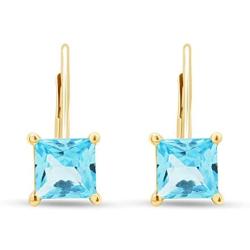 Princess Cut Simulated Aquamarine Lever Back Drop Earrings in 14k Gold Over Sterling Silver (2 cttw)